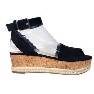 Marc Fisher FAITFUL Black Suede Scalloped Cork Wedge Sandals Womens 8.5M